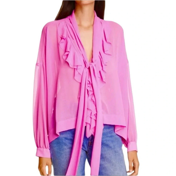 Le Superbe Ruffle Hendrix Tie Neck Chiffon Top in Electric Rose Pink Size 2 - Picture 1 of 13